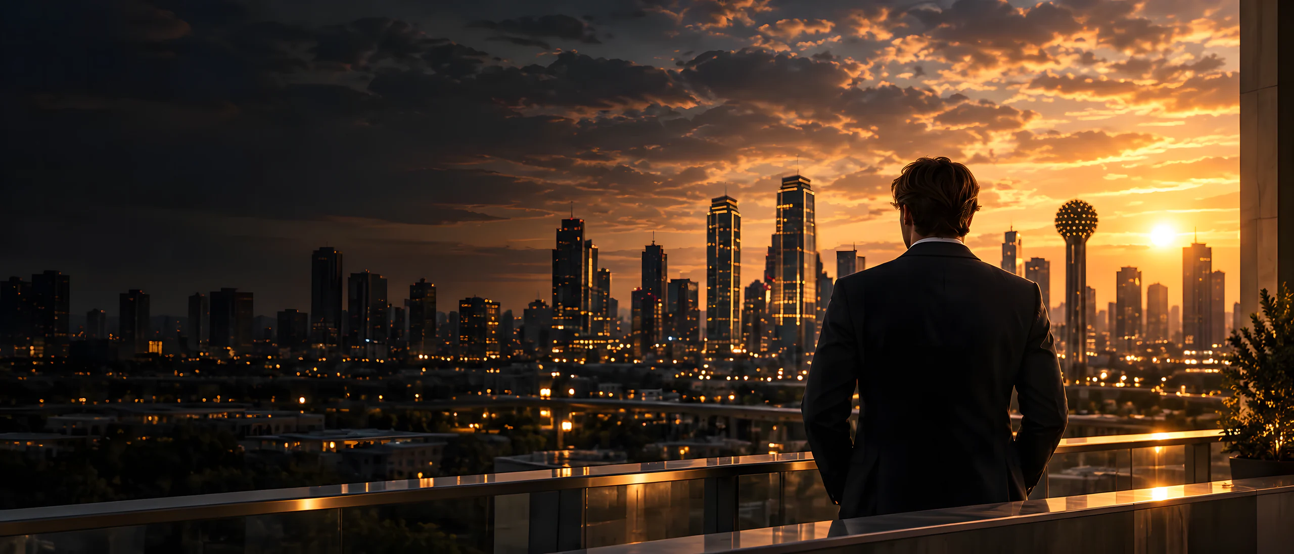A view across Dallas from a balcony at sunset