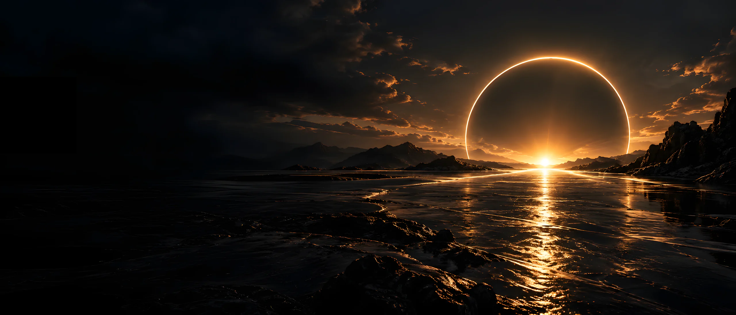 A luminous solar ring rising above a golden horizon