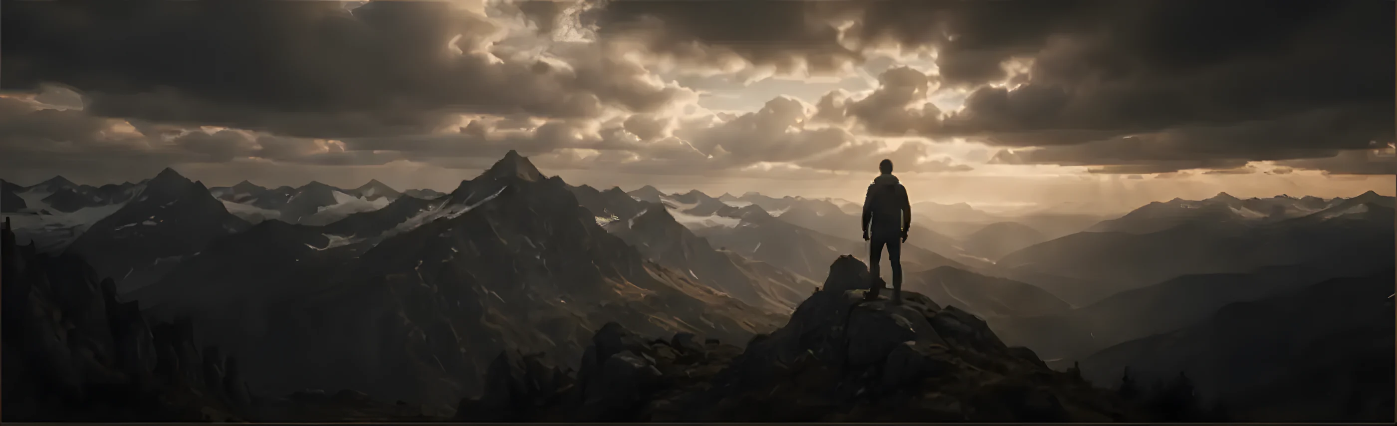 A solitary figure overlooking a mountain range